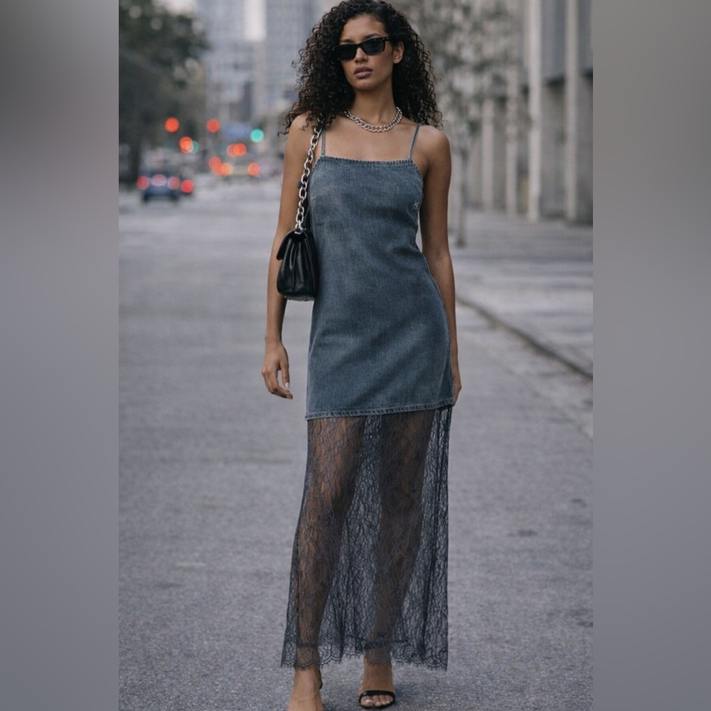 NWT ZARA LACE TRIM DENIM DRESS